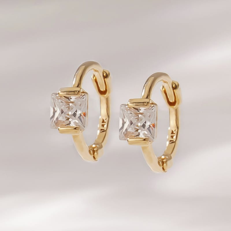 JEWNEL 14K Mini Square Cubic One-Touch Small Ring Earrings