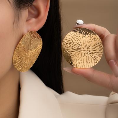 Vintage Metal Texture Big Round Pendant Earrings Retro Design Jewelry