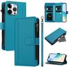 For iPhone 15 Pro Max Leather Case 9 Card Slots Zipper Wallet Stand Phone Cover with Wrist Strap
