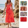 Women's V Neck Spaghetti Strap Printed Maxi Dress Pleated Summer Beach Dress Multiple Colors