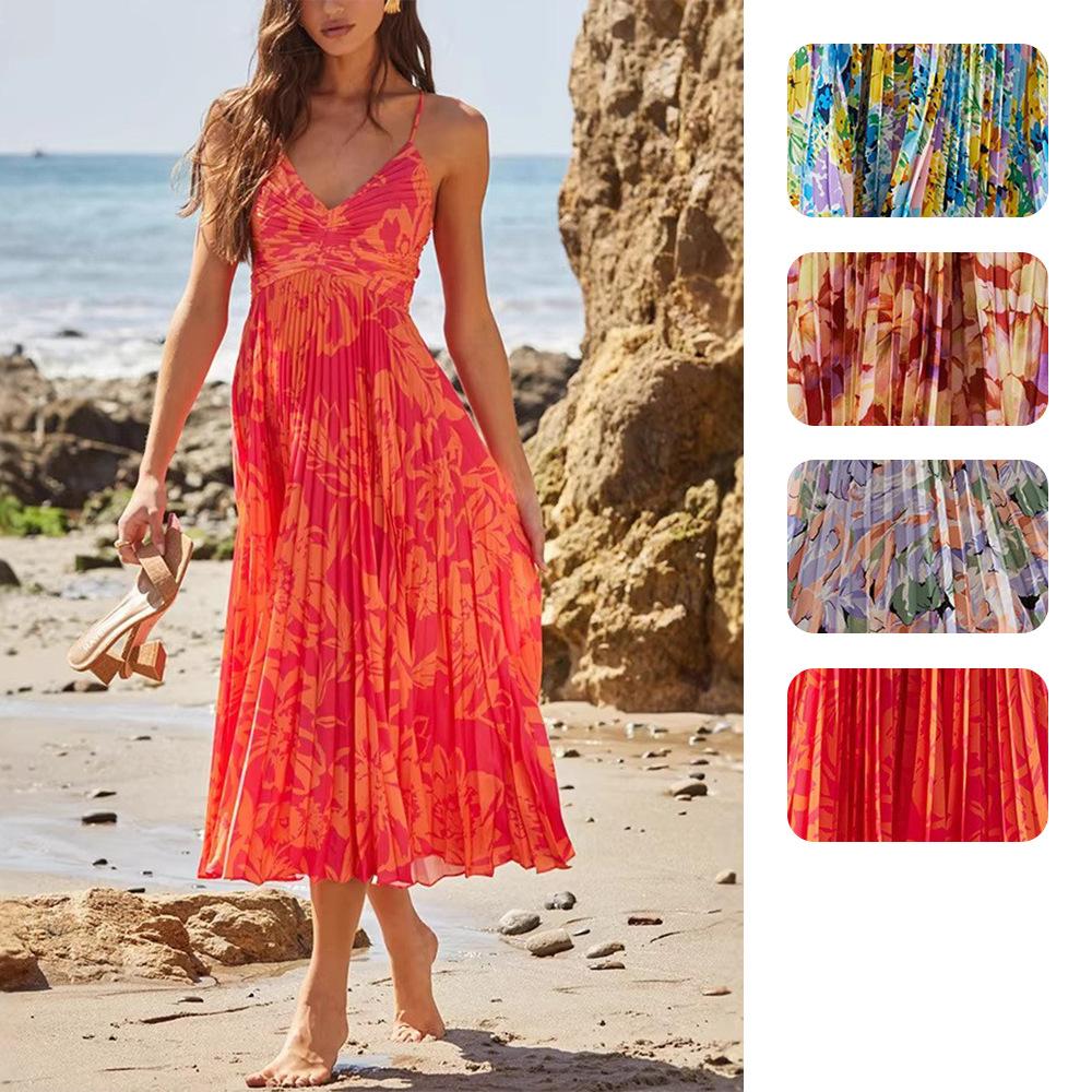 Women's V Neck Spaghetti Strap Printed Maxi Dress Pleated Summer Beach Dress Multiple Colors