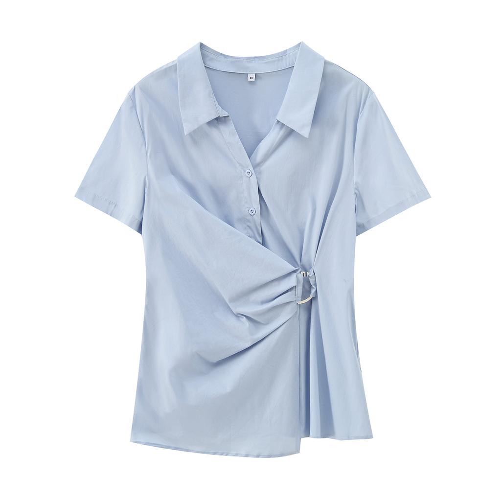 Large Size Women's Irregular Design Short-sleeved Shirt 2026 Summer Waist and Thin Versatile Top 234409