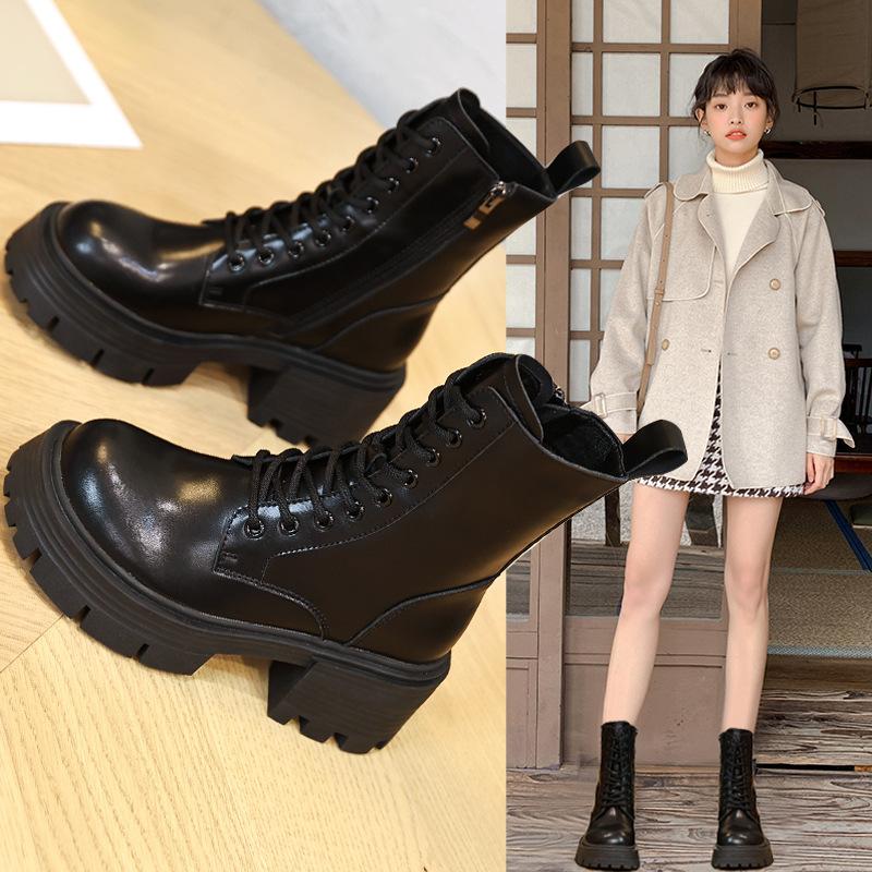 Genuine Leather Thick Soled Short Boots for Women with British Style Thick Heels  Spring and Autumn Winter with Plush Boots