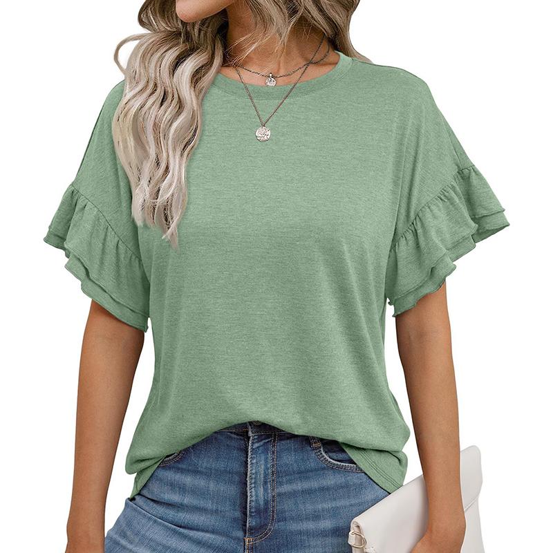 

Женская летняя футболка с коротким рукавом-рюшем, с круглым вырезом, однотонная, пуловер, топ XL