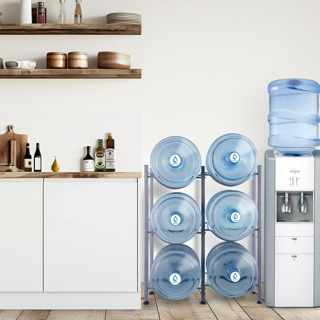 3 Tiers Water Jug Holder Double Row Water Bottle Rack for 6 Bottles Silver