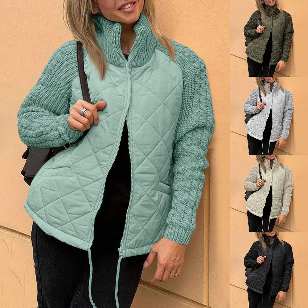 Autumn and Winter Women's Solid Color Knitted Patchwork Quilted Jacket Casual Lightweight Stand Collar Long Sleeve Zip Jackets Padded Outerwear Coats