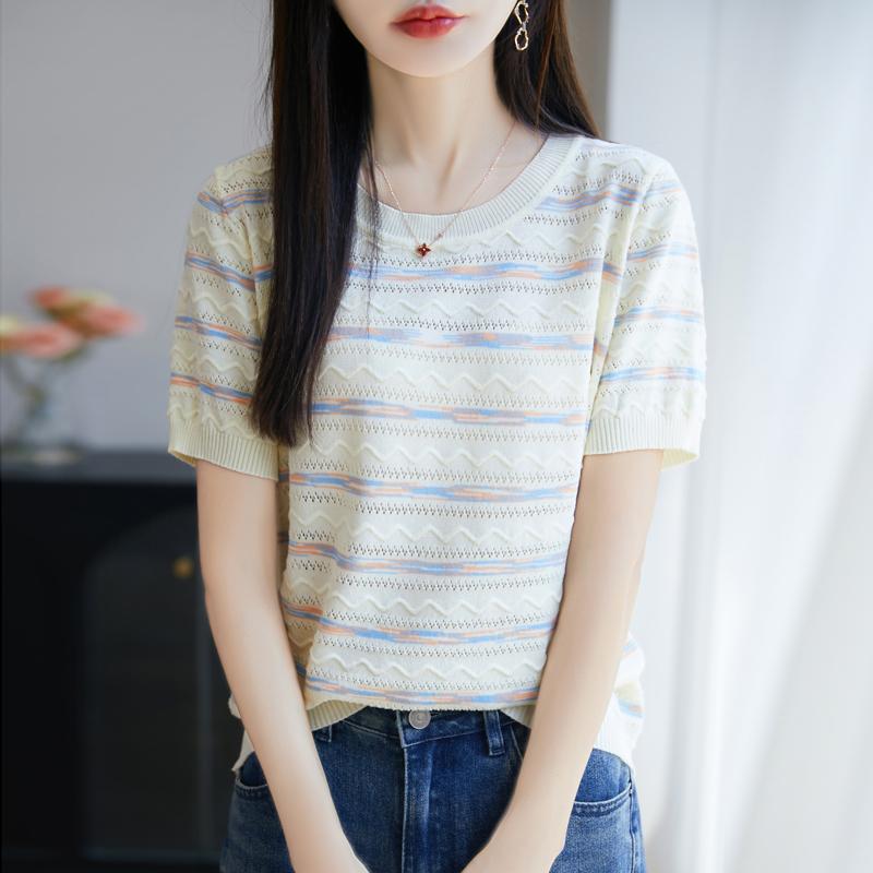 Women Knit T-shirt Summer Knitted Shirt Short Sleeve Tees O-neck Pullover Knit Tops Female