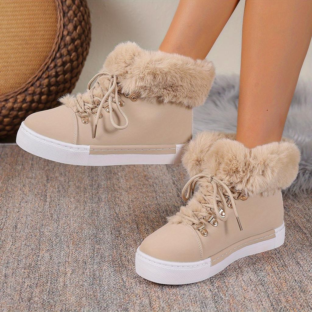 Women's Plus Size Warm Shoes, Round Toe Lace-Up Flat Buckle Faux Fur Trim Casual Athletic Snow Boots