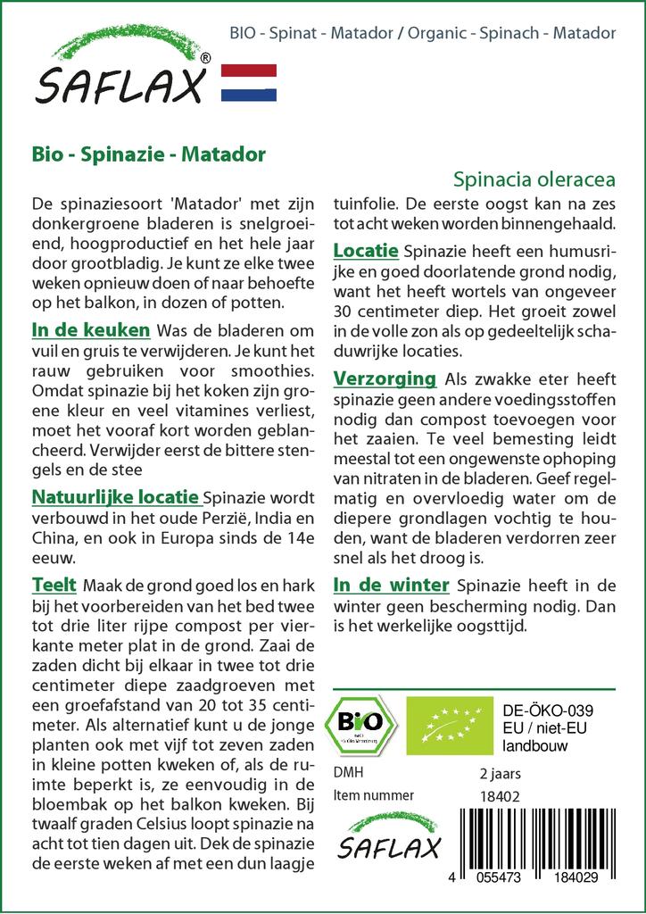 SAFLAX Garden In the Bag - Organic - Spinach - Matador - 300 Seeds - With Substrate In a Fitting Stand Up Bag - Spinacia Oleracea