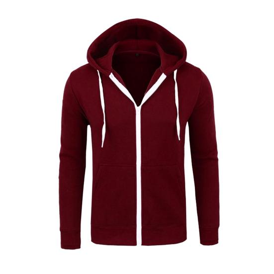 Fall Winter Men Jacket Hooded Drawstring Zip-up Long Sleeves Solid Color Cardigan Elastic Cuff Pockets Mid Length Hoodie Jacket