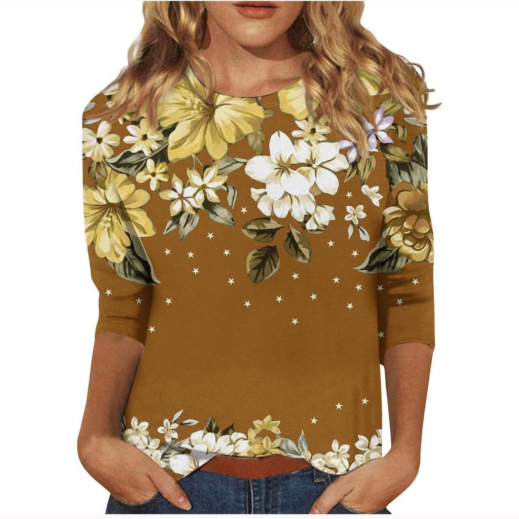 Rundhalsausschnitt 3D Blumen bedrucktes Top Modisches lässiges Langarm-Damen-T-Shirt