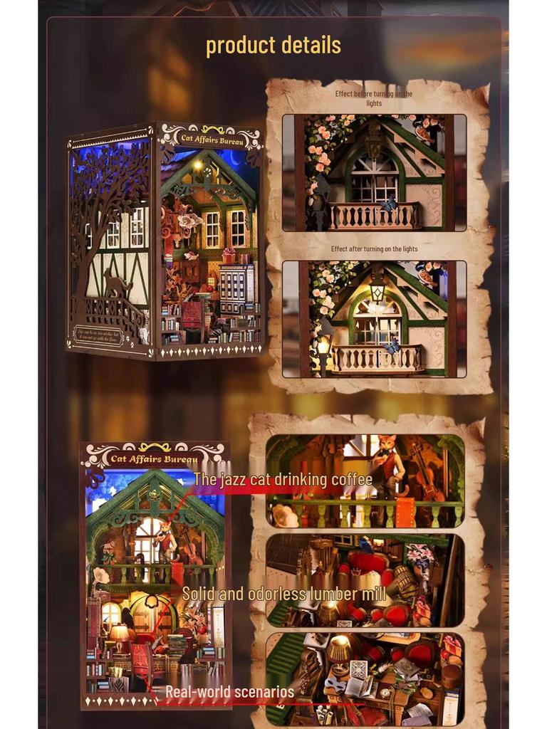 Cat's Gratitude 3D DIY Bookend House Model Toy