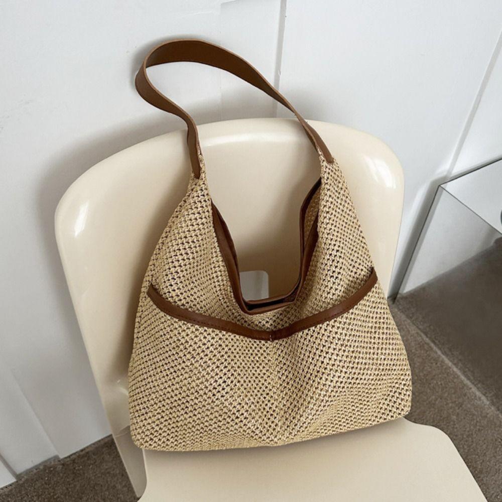 Khaki Straw Shoulder Bag Large Capacity Underarm Tote Bag Summer Woven Handbag  Female