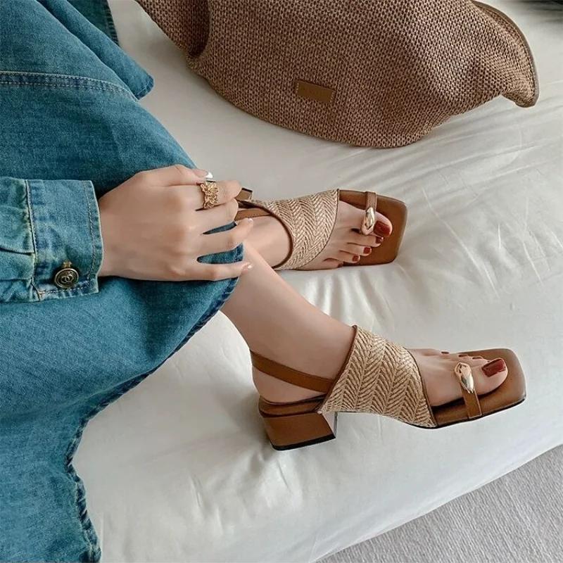 Summer Weave Clip Toe High Heeled Sandals Women Square Toe Slippers Shoes 2025 Trend Slingback Chunky Dress Bohemian Beach Pumps