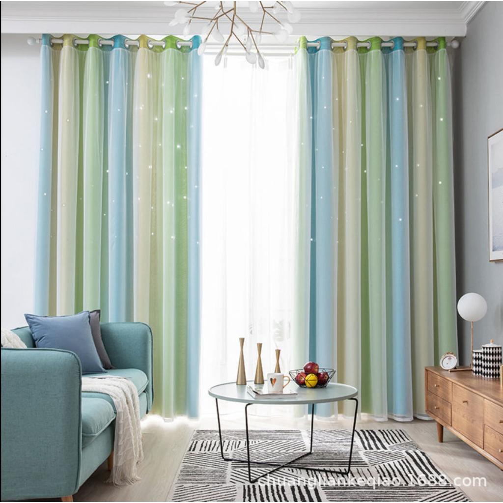 1pc Rainbow Gradient Stripes & Stars Print Double-Layer Blackout & Sheer Curtains | 100% Polyester Grommet Top Light Filtering Privacy Drapes