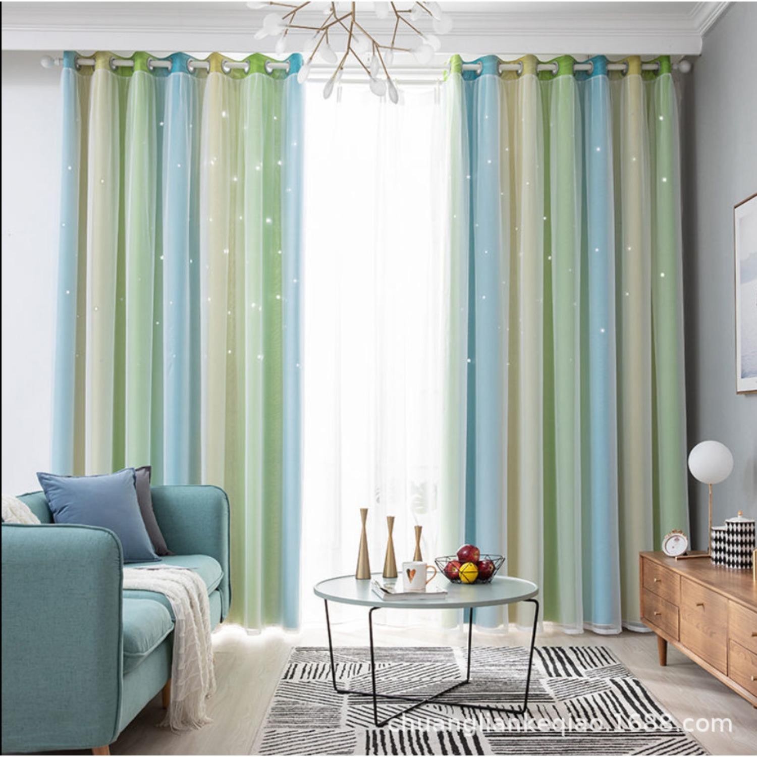 

1pc Rainbow Gradient Stripes & Stars Print Double-Layer Blackout & Sheer Curtains | 100% Polyester Grommet Top Light Filtering Privacy Drapes 134x160cm