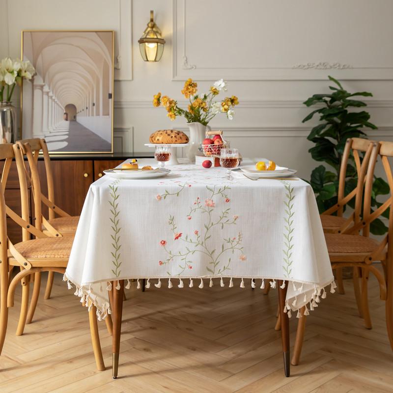 Embroidered Plaid Flower Tassel Tablecloth Rectangular Coffee Table Anti-fouling Decorative Tablecloth Tablecloth
