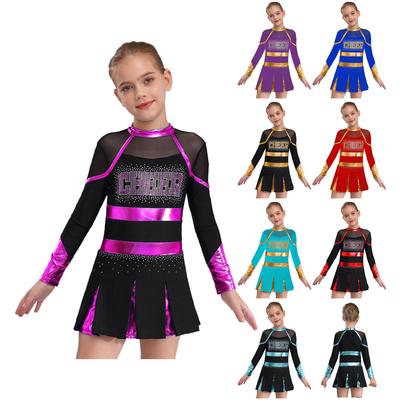 Vestido de Competición de Porristas 2024 para Niñas: Pedrería Brillante, Patrón de Letras y Patchwork Metálico en Traje de Baile Plegado de Manga Larga