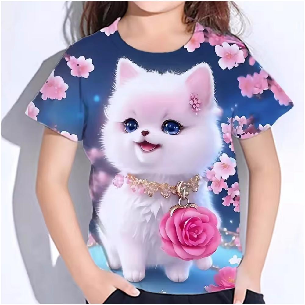 Kids Clothes 3D Print Cute Cat Graphic T Shirts Casual Summer Short Sleeves Female Child Clothes T-Shirts for Children Tops