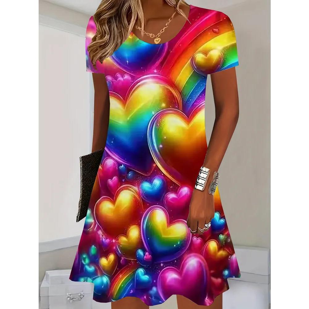 Summer Round Neck Short Sleeved Dress Colorful Heart-shaped Water Droplet Print Fashionable Comfortable Breathable Vacation Casual Women's Mini Dress