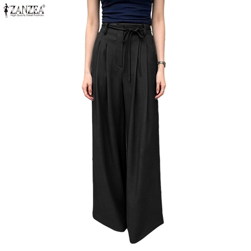 ZANZEA Womens Casual Solid Color Loose Commute Wide Leg Pants