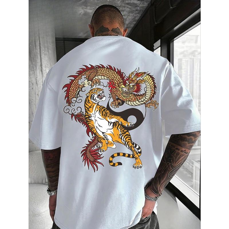 European sizes Men'S T-Shirt Featuring a Dragon And Tiger Design | Patterned Tee for Men | Vintage And Nostalgic Style