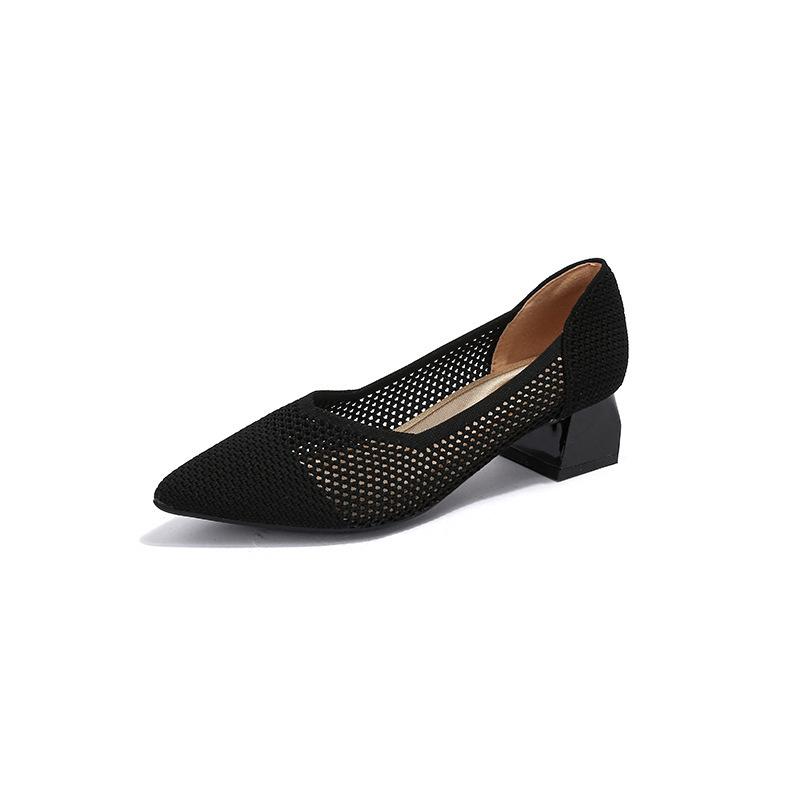 Spring and summer hollow flying knitting breathable knitting women's shoes pointed thick heel medium heel single shoes