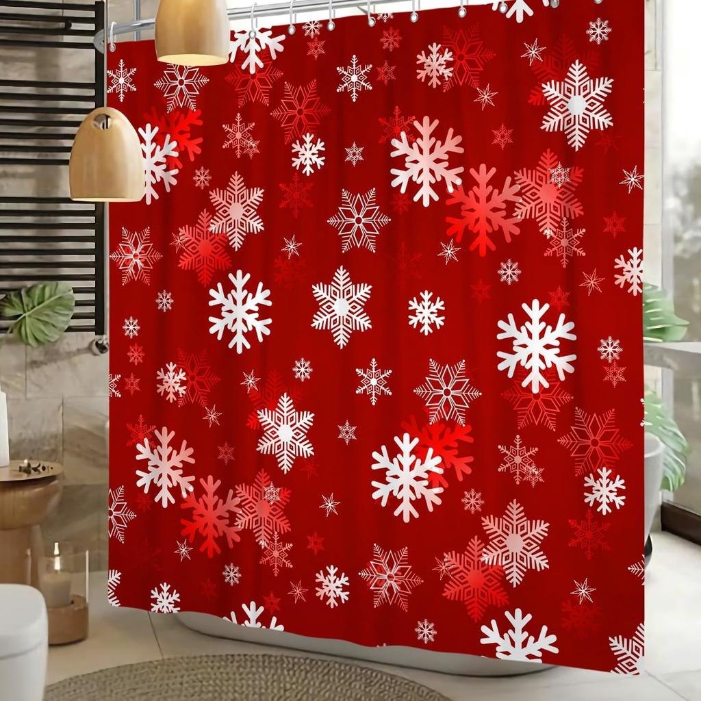 Red Snowflake Christmas Shower Curtain Set With Hooks, Winter Xmas Theme Waterproof Bathroom Decor For Holiday