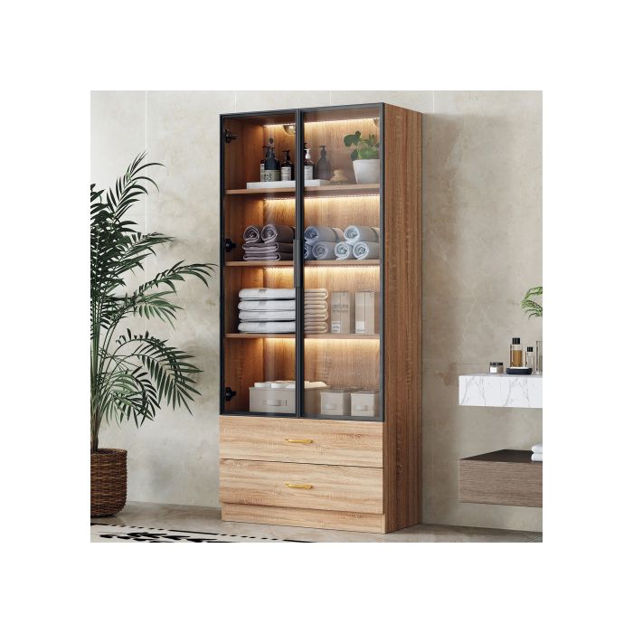 Badezimmerschrank - 75 cm - 2 Schubladen - 2 Türen - Mehrfarbige LED-Beleuchtung