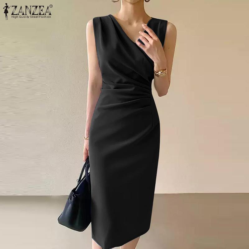 ZANZEA Vestido de Vaina Casual de Verano sin Mangas con Cuello en V para Mujer