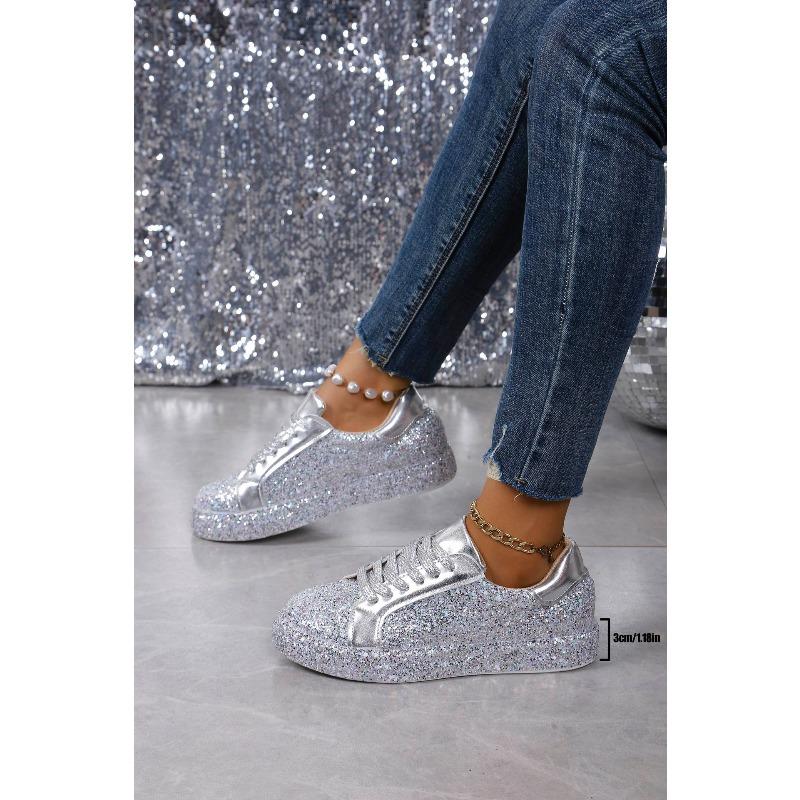 2025 Spring New Arrival Plus Size Lace-Up Women's Shoes Sequin-Embellished Round-Toe Casual Flats