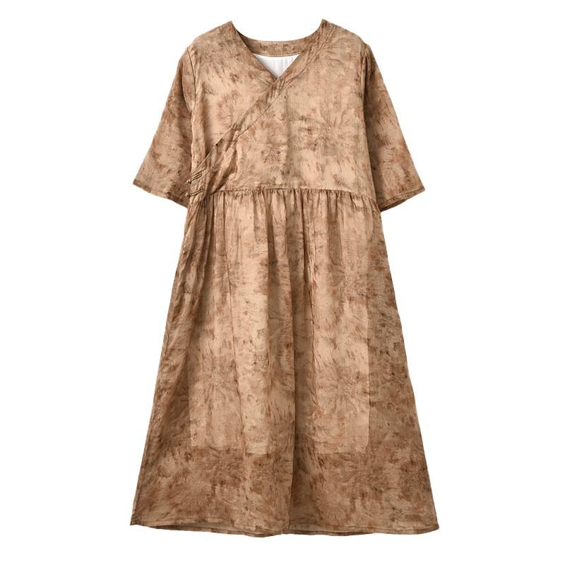 Johnature Women Vintage Print Floral Dress High Quality V-Neck Half Sleeve Robes Summer Women A-Line Dress