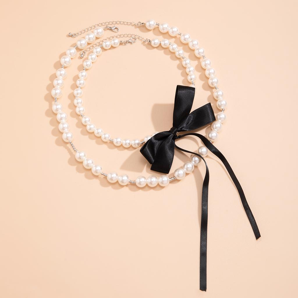 Wind French Retro Imitation Pearl Necklace Beaded Necklace Temperament Small Fragrant Wind Ribbon Bow Neck Chain