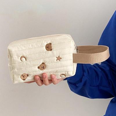 Embroidery Bear Makeup Bag Cotton Canvas Women Zipper Cosmetic Organizer Cute Wrist Make Up Pouch Portable Toiletry Case