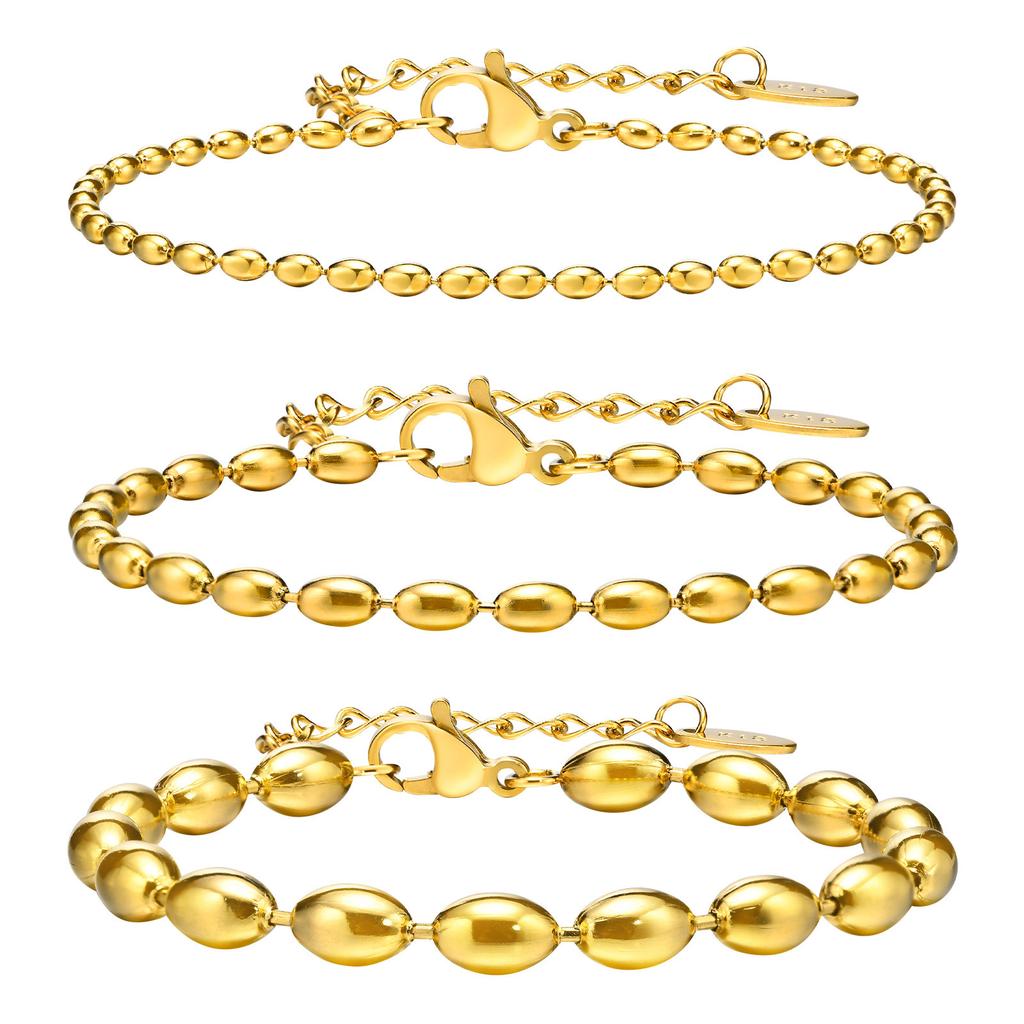 Ladies Stainless Steel Chain Width 2Mm 3Mm 5Mm Rugby Bead Bracelet 18K Gold