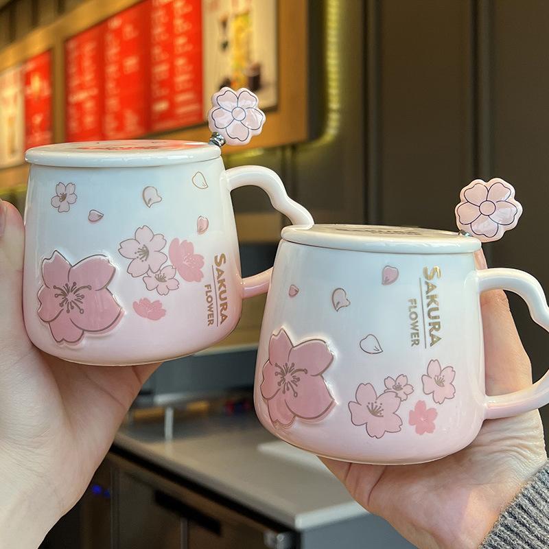Breakfast Ceramic Cup with Lid and Spoon Cute Mug High Looking Creative Couple Coffee Water Cup