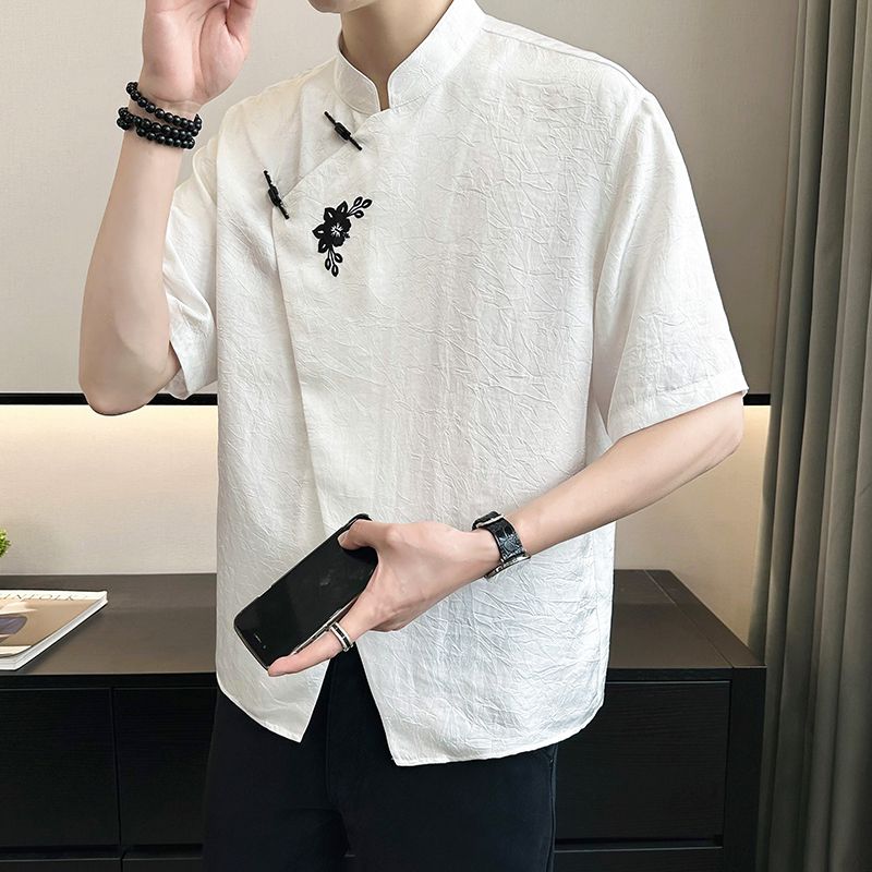 Summer Short-sleeved Shirt Men Ice Silk Stand Collar New Fashion New Chinese Top