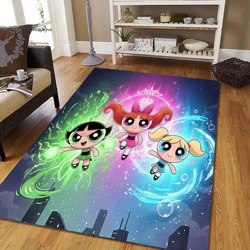 The Powerpuff Girls2 Flannel Pattern Square Carpet,Area Rug,Carpet Rug for Living Room Bedroom Sofa Playroom Decor,Non-slip Floor Mat