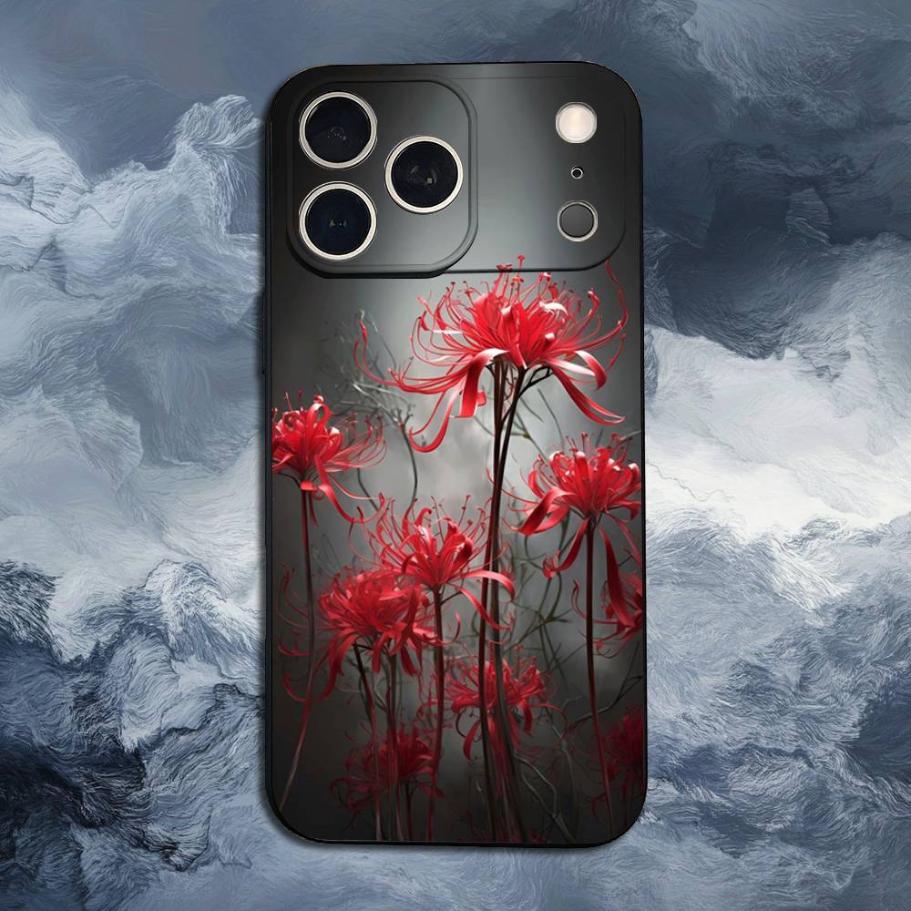 Red Spider Lily Flowers Case For iPhone 12,14,15,16,11,17,13,X,Mini,SE,XS,Plus,Pro,Max,8,7,XR,Soft Silicone Black