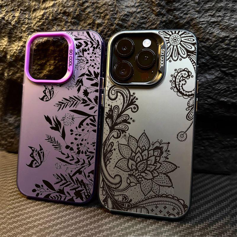Luxury Lace Florals Pattern Phone Case For iPhone 15 14 13 12 11 16 Pro Max 7 Plus X Shockproof Electroplated Lens Bumper Cover