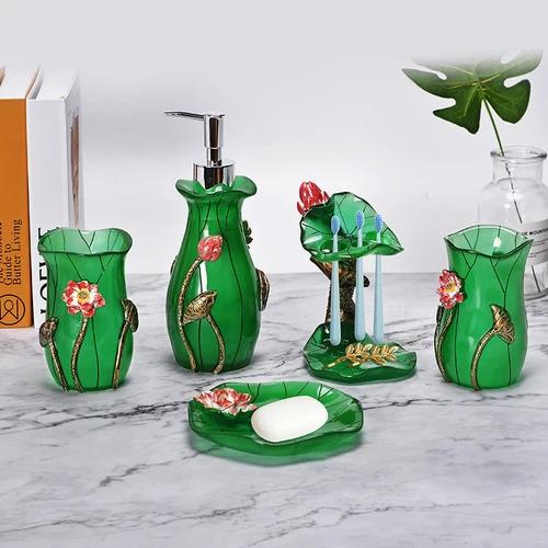 

Resin Bathroom Set Toiletries Bathroom 5-piece Set with Rectangular Tray Lotion Bottle Toothbrush Holder Mouth Cup Soap Dish