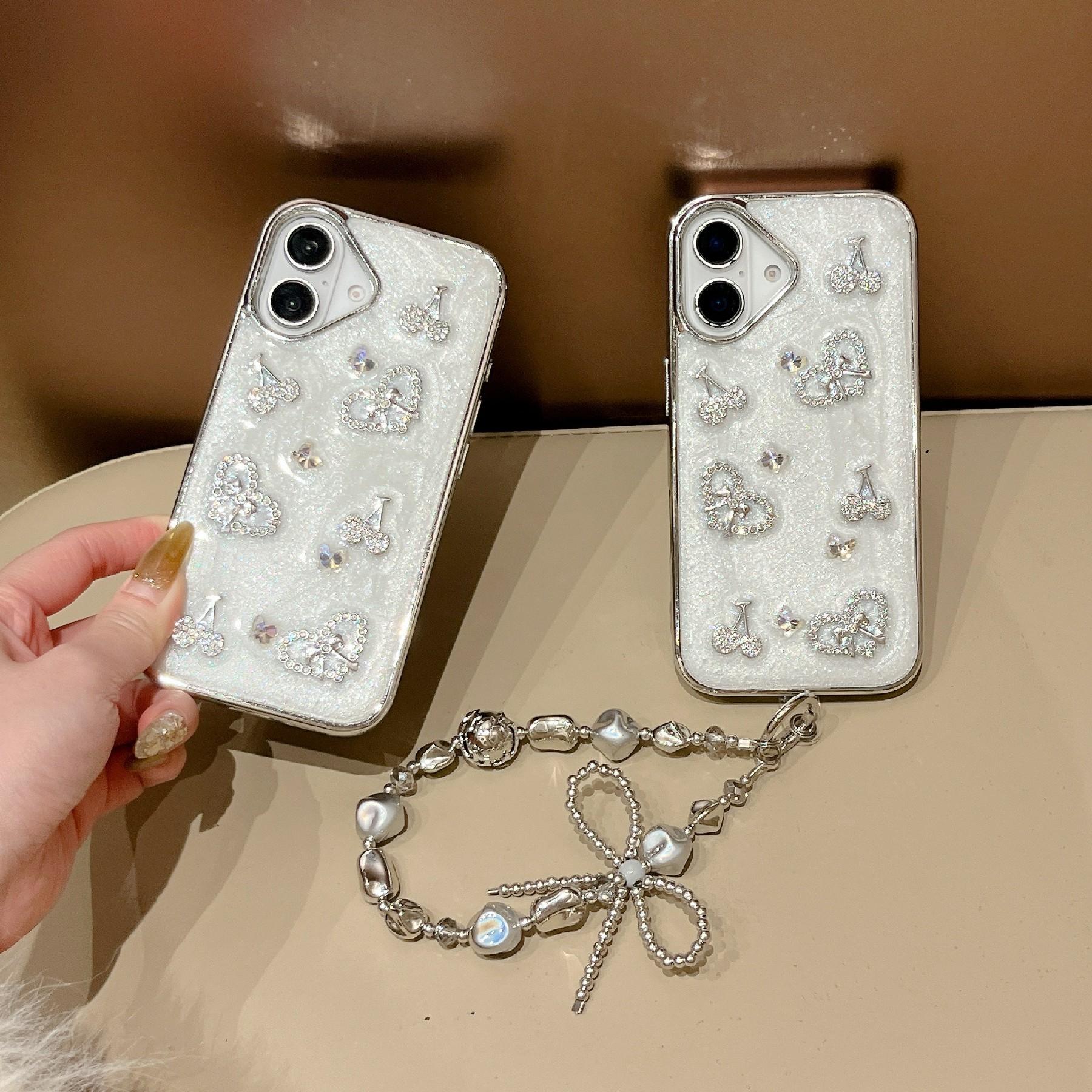 

For iPhone 16 Case Glitter Cherry Heart Epoxy PC TPU Phone Cover with Strap A
