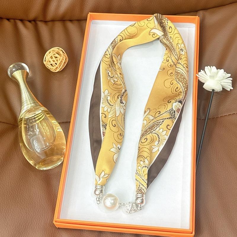Silk scarf women's spring, autumn and summer new fashion neck protection decoration long necklace type magnetic buckle scarf small scarf