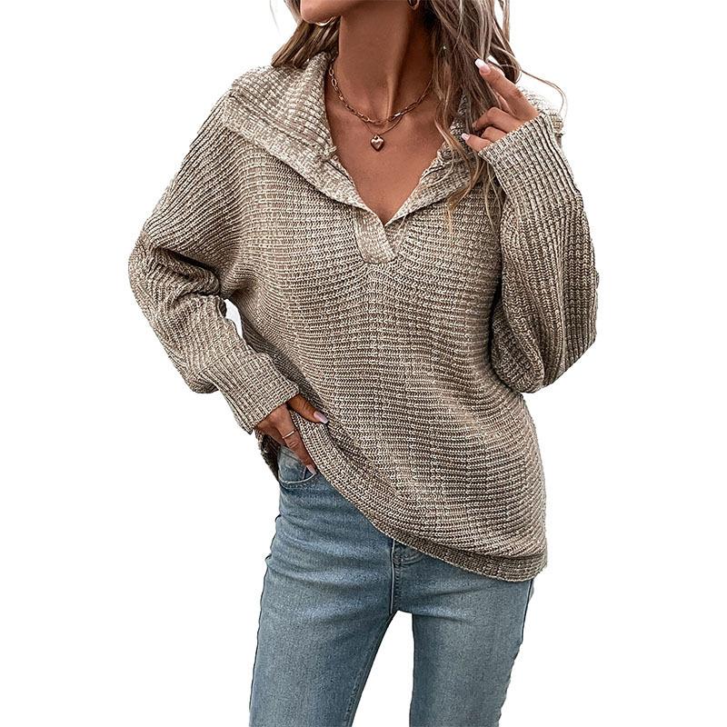 Europäische und amerikanische Mode Damen Herbst und Winter Heiß Einfarbig Lässig Langärmliger Revers Pullover