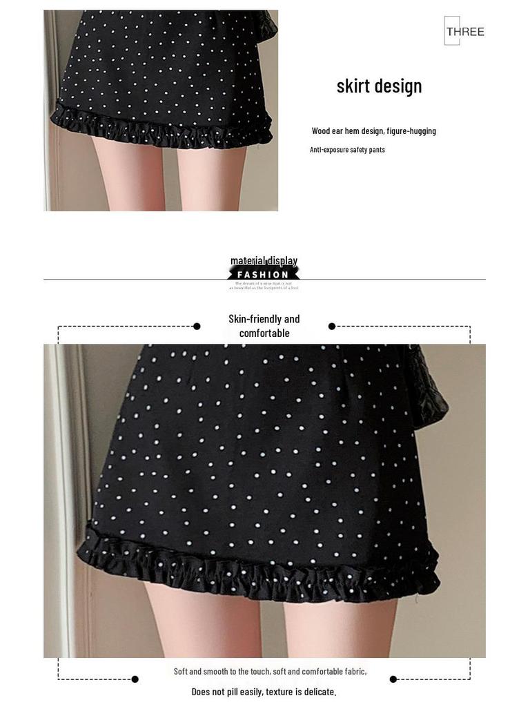 Stylish Black Polka Dot Ruffle-Edge A-Line Skirt for Women - Spring/Summer 2026 Collection