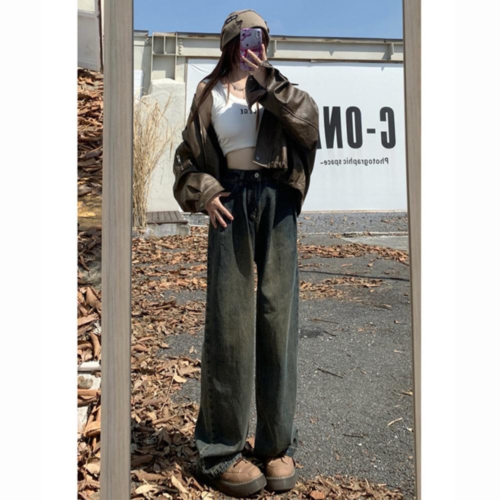 Wide-leg jeans women's autumn and winter new Korean version high-waisted thin pleated straight lazy mopping pants ins
