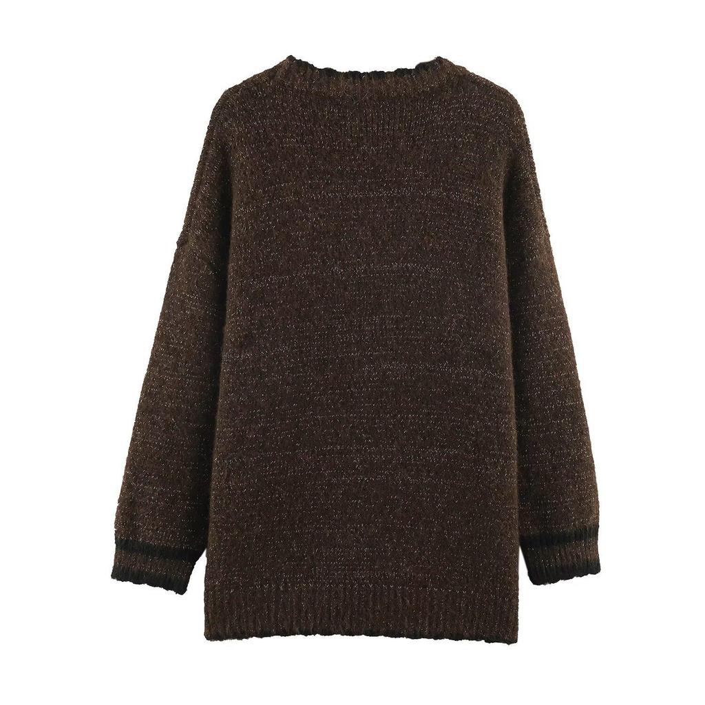 2026 Autumn European & American Bright Silk V-Neck Knit Cardigan with Contrasting Edge