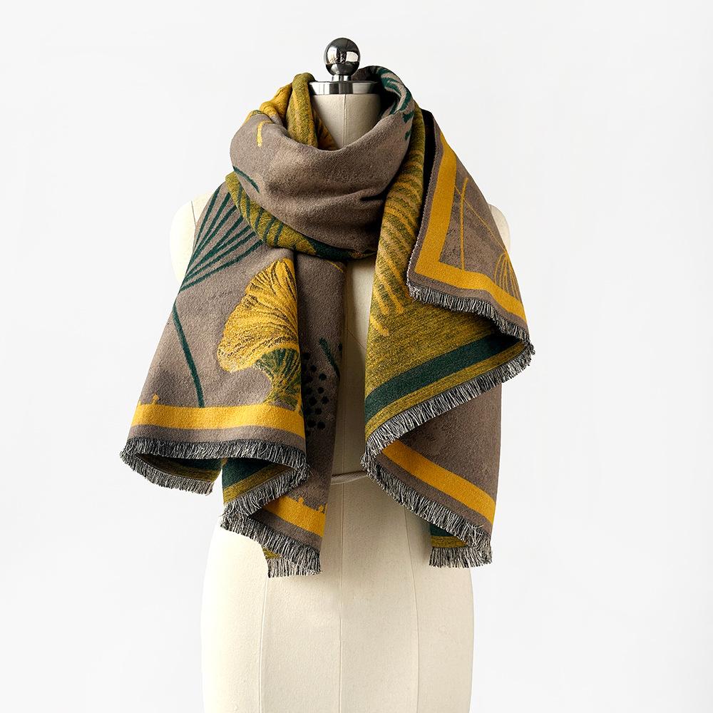 Imitation cashmere double-sided soft fringed shawl scarf high-end sense ginkgo biloba intellectual literary and artistic winter warm scarf women