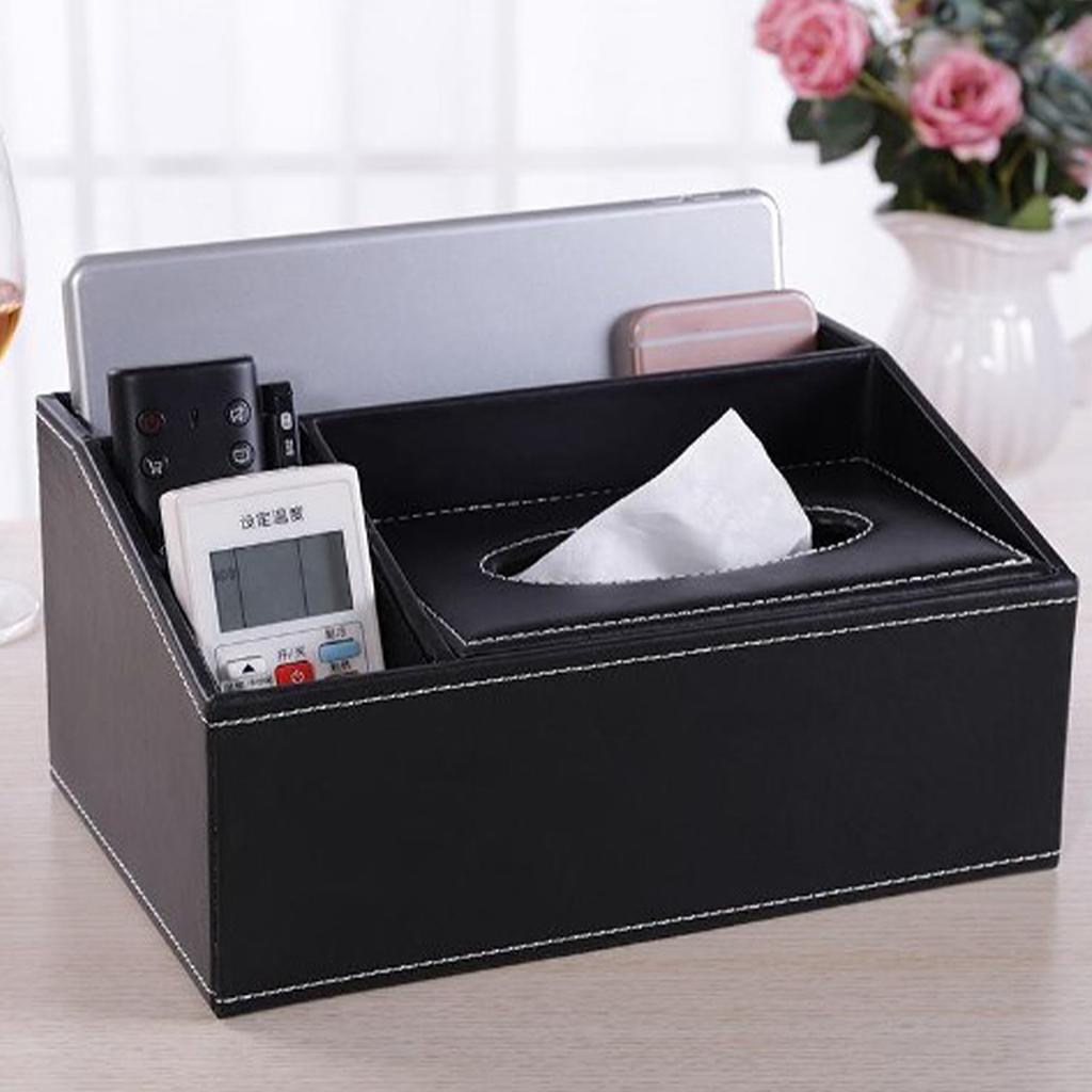 Multifunction Tissue Box Black Multiple Compartments Durable PU Leather Rectangular Tissue Box