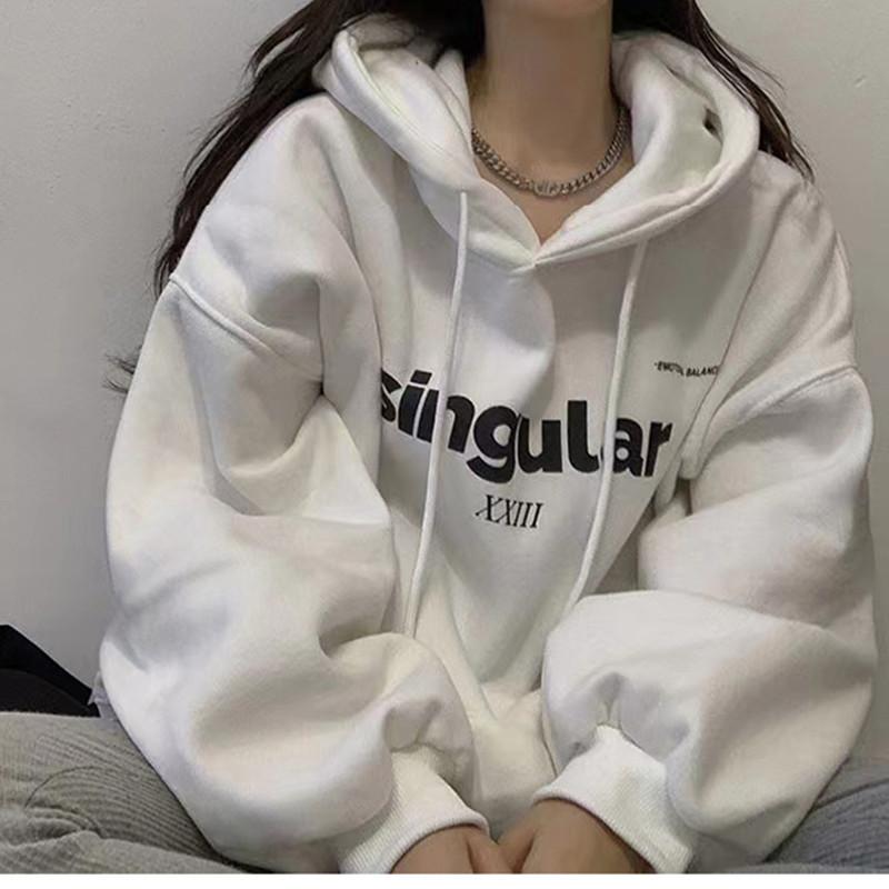 Women s Letter Print Hoodie Casual Pullover Sweatshirt M белый
